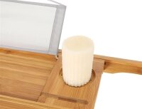 ausziehbare Badewannenablage aus Bambus verstellbares Badewannenbrett Badewannen Ablage, mit Getränkehalter, Buchstütze, Seifenhalter 75-112 x 4,5 x 23 cm (B x H x T)